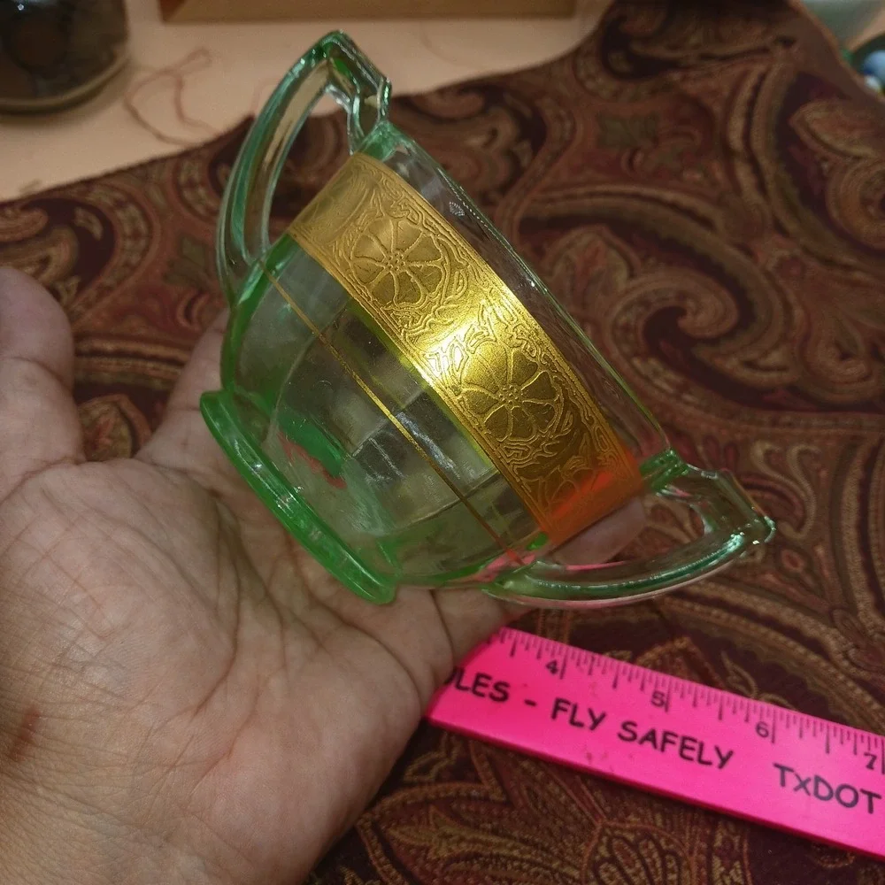 Vtg Green Uranium Glass Creamer & Sugar Bowl Floral w Gold Gilt